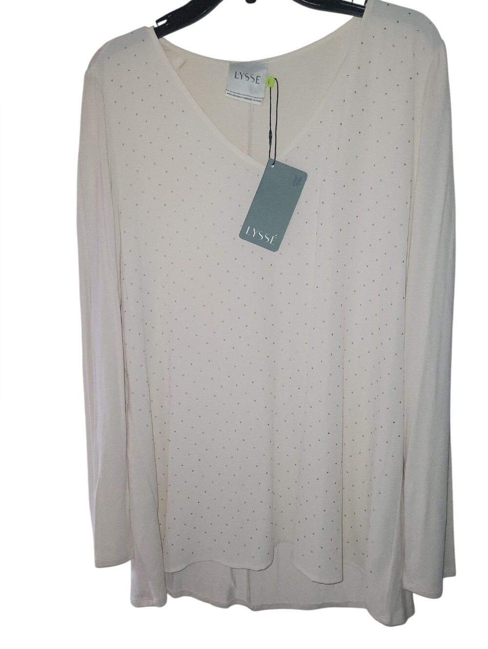 Lysse Cream V-Neck Flowy  Long Sleeve Top with Subtle Dot Detail Sz L NWT